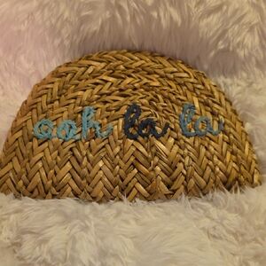 Woven Straw Clutch Purse BAG with Blue Embroidery